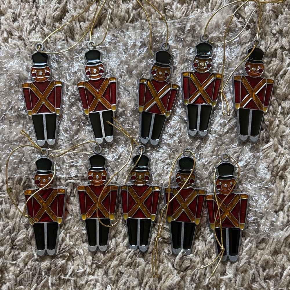 10 Vintage Stained Glass Toy Soldier Ornaments - Red and Black